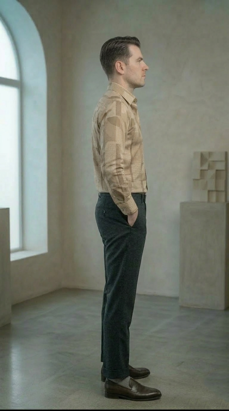 Men's Luxury Designer Geometric Print Button-Down – Slim Fit Abstract Pattern Shirt in Sand & Stone