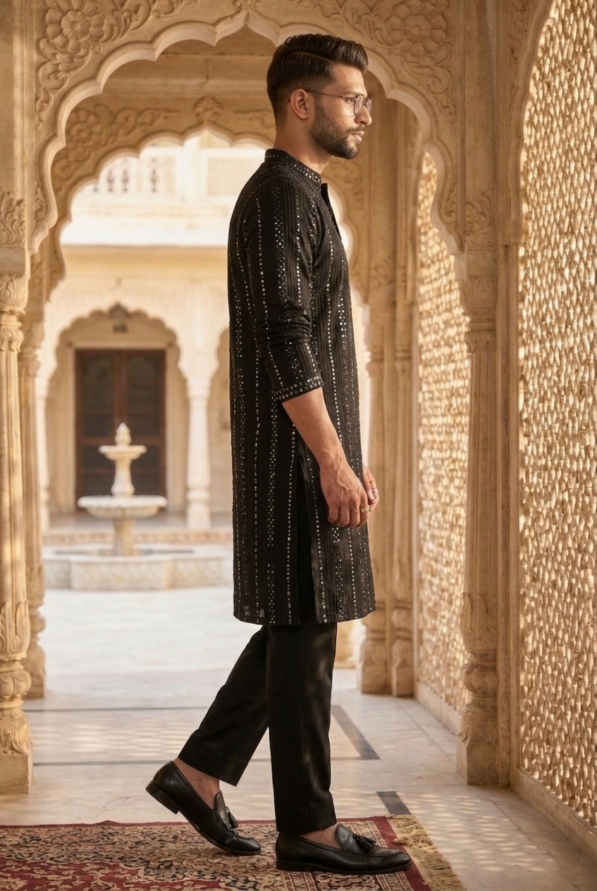 Men’s Midnight Black Sequin Partywear Kurta Pajama