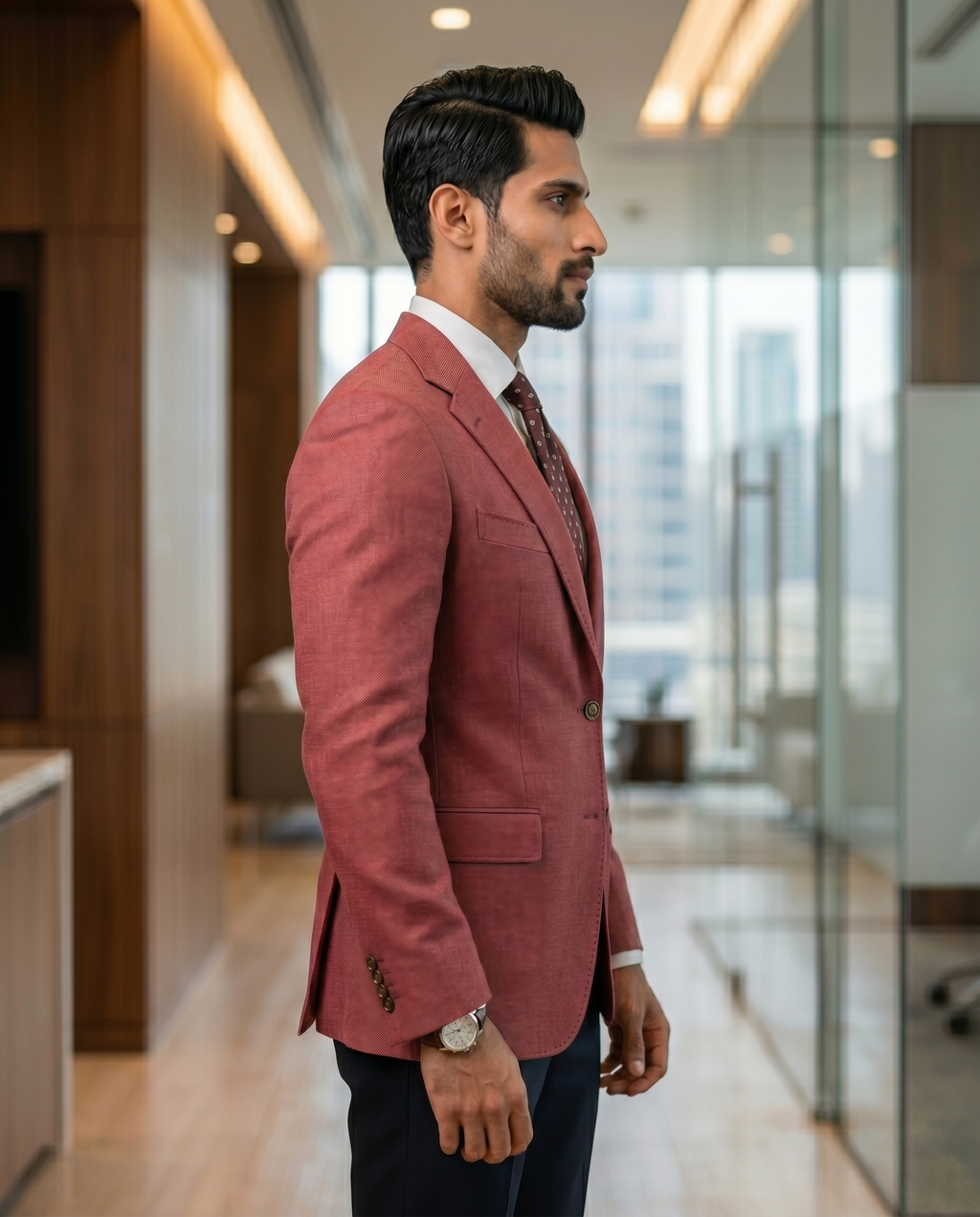 Premium Men's Slim Fit Dusty Rose Blazer Textured Single Breasted Suit Jacket