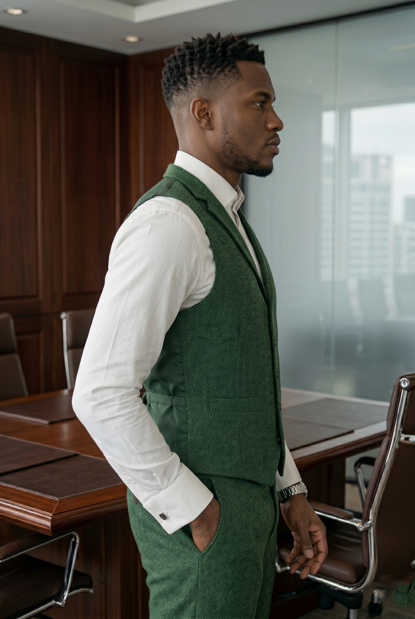 Men's Slim Fit Tweed Waistcoat Vintage Lapel Dress Suit Vest Sage Green