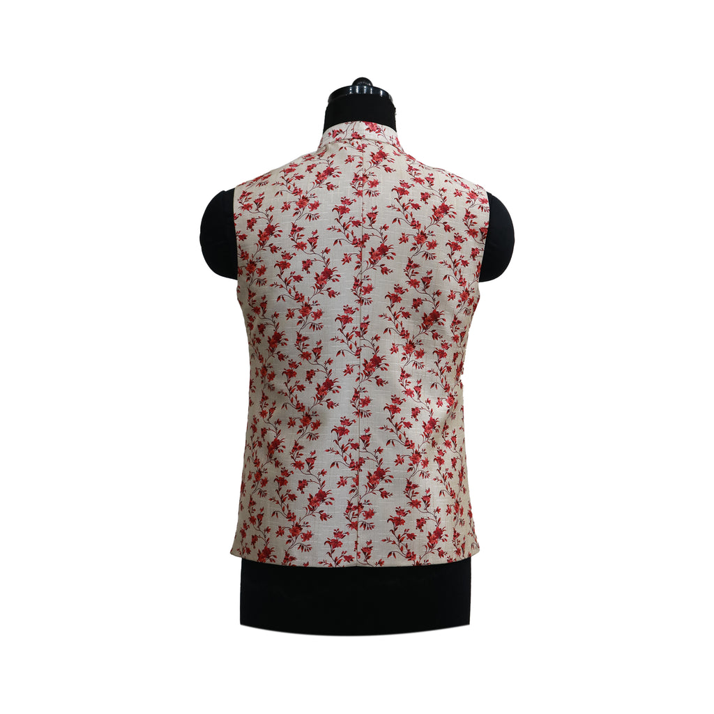 Men’s Ivory Floral Print Nehru Jacket with Kurta Pajama –  Elegant Festive Wear