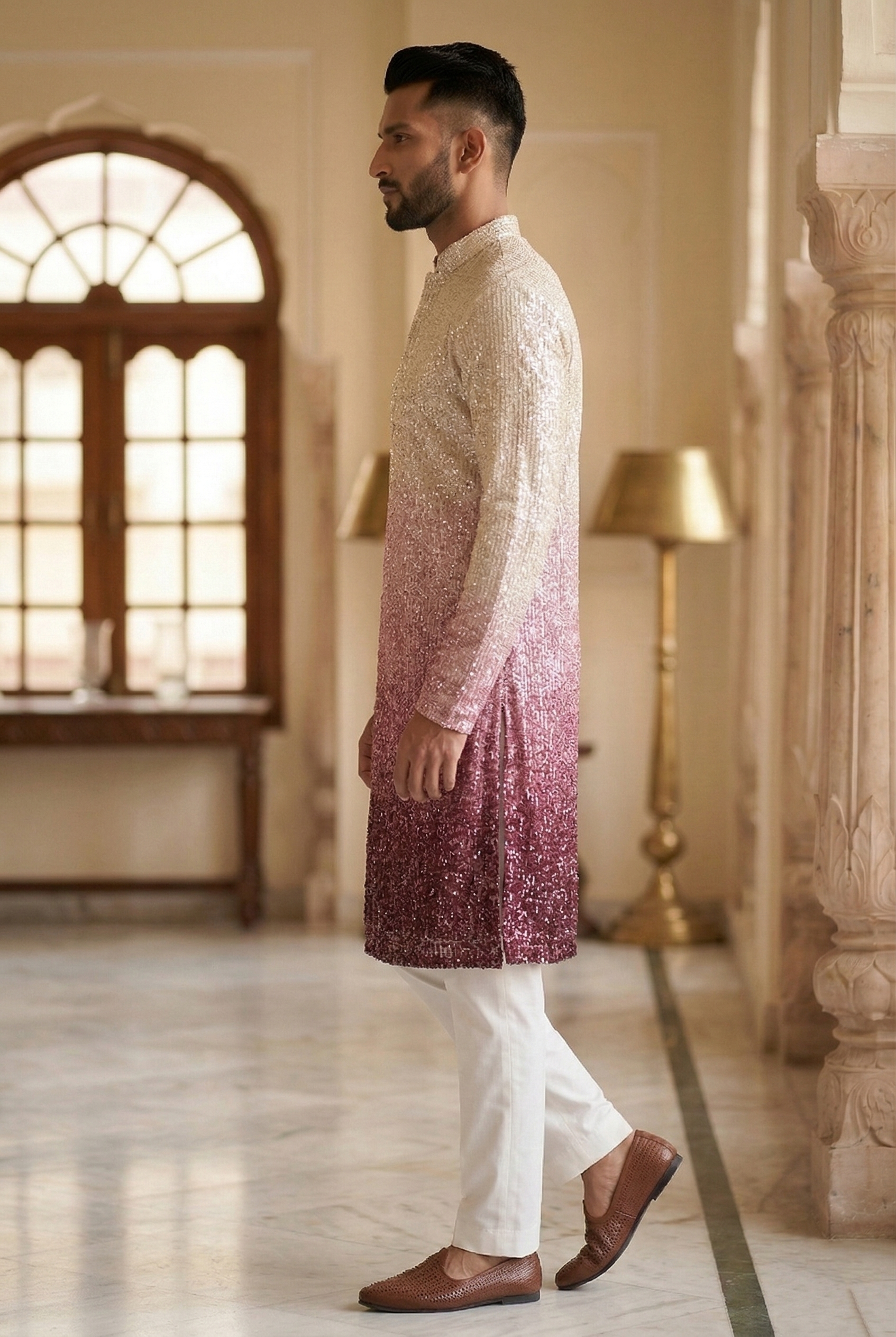Men’s Ombre Sequin Designer Kurta Pajama in Wine & Cream
