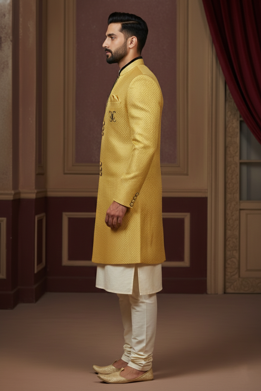 Sun-Kissed Mustard Textured Indo-Western Sherwani