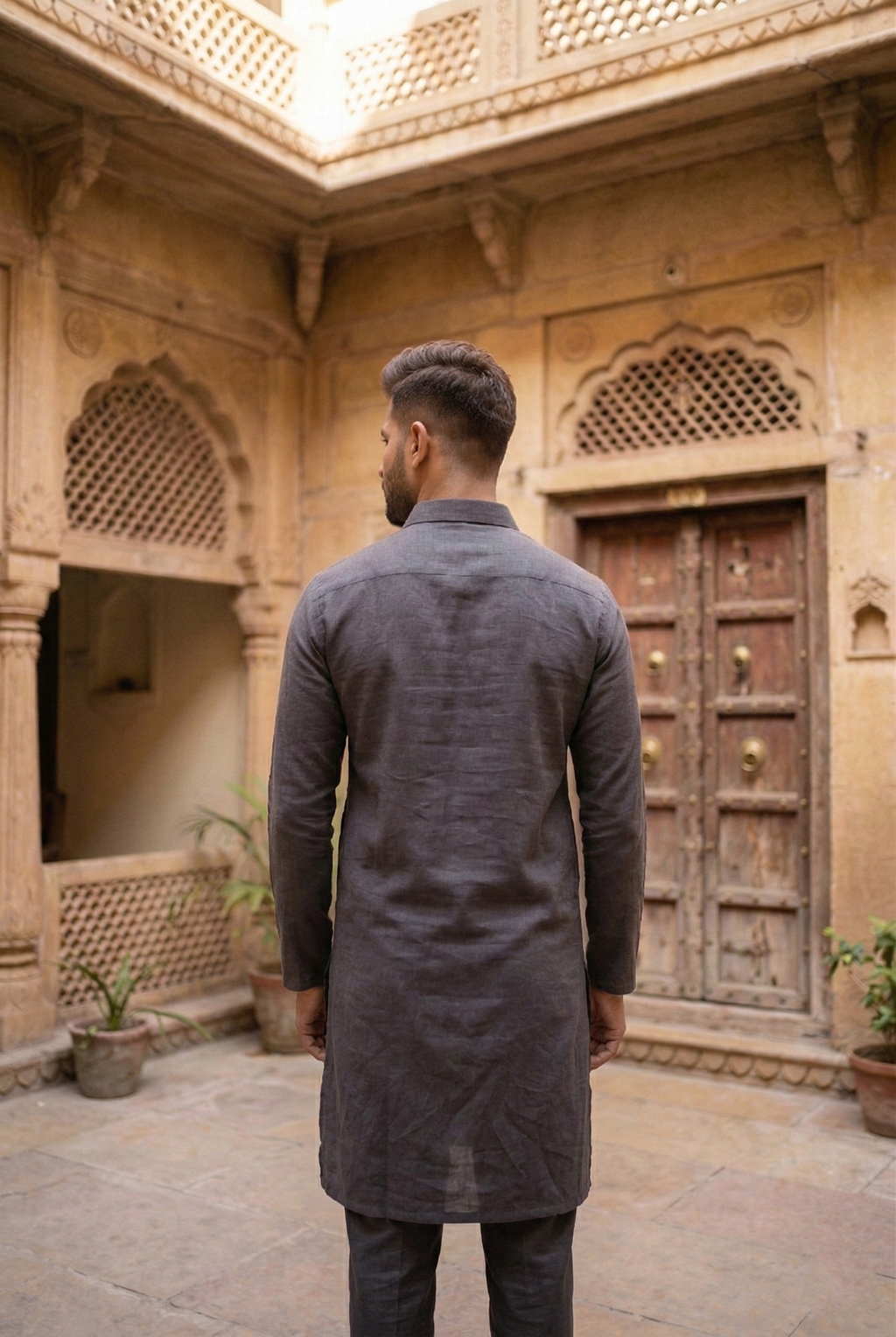 Men's Charcoal Grey Linen-Blend Plain Kurta Pajama  Set