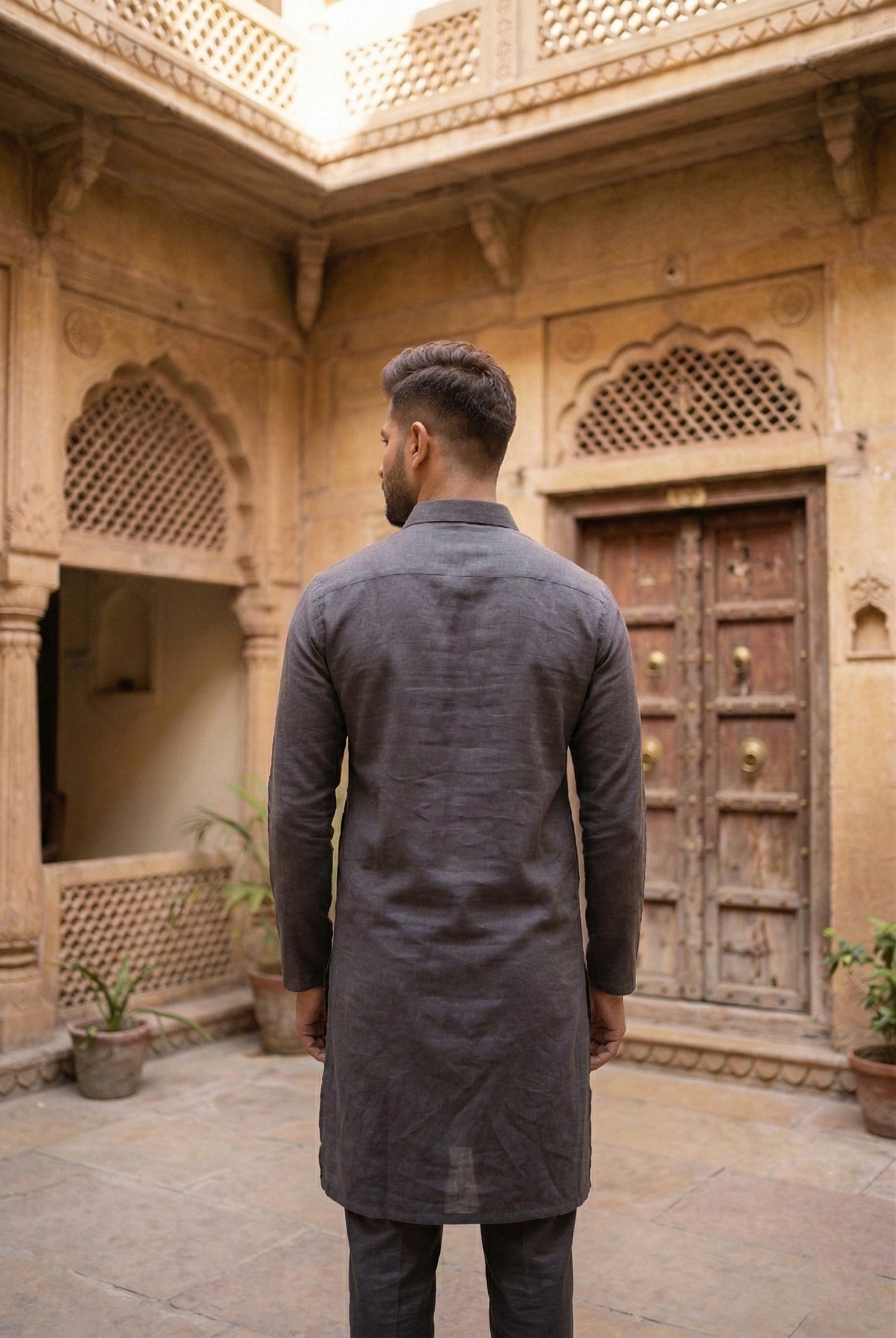 Men's Charcoal Grey Linen-Blend Plain Kurta Pajama  Set