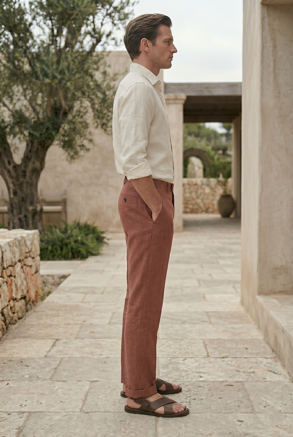 Men's Tailored Slim-Fit Linen Trousers in  Wine