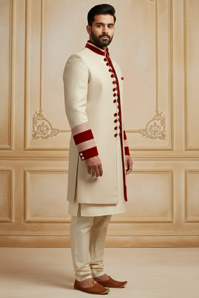 Crimson-Accented Cream Minimalist Indo-Western Sherwani