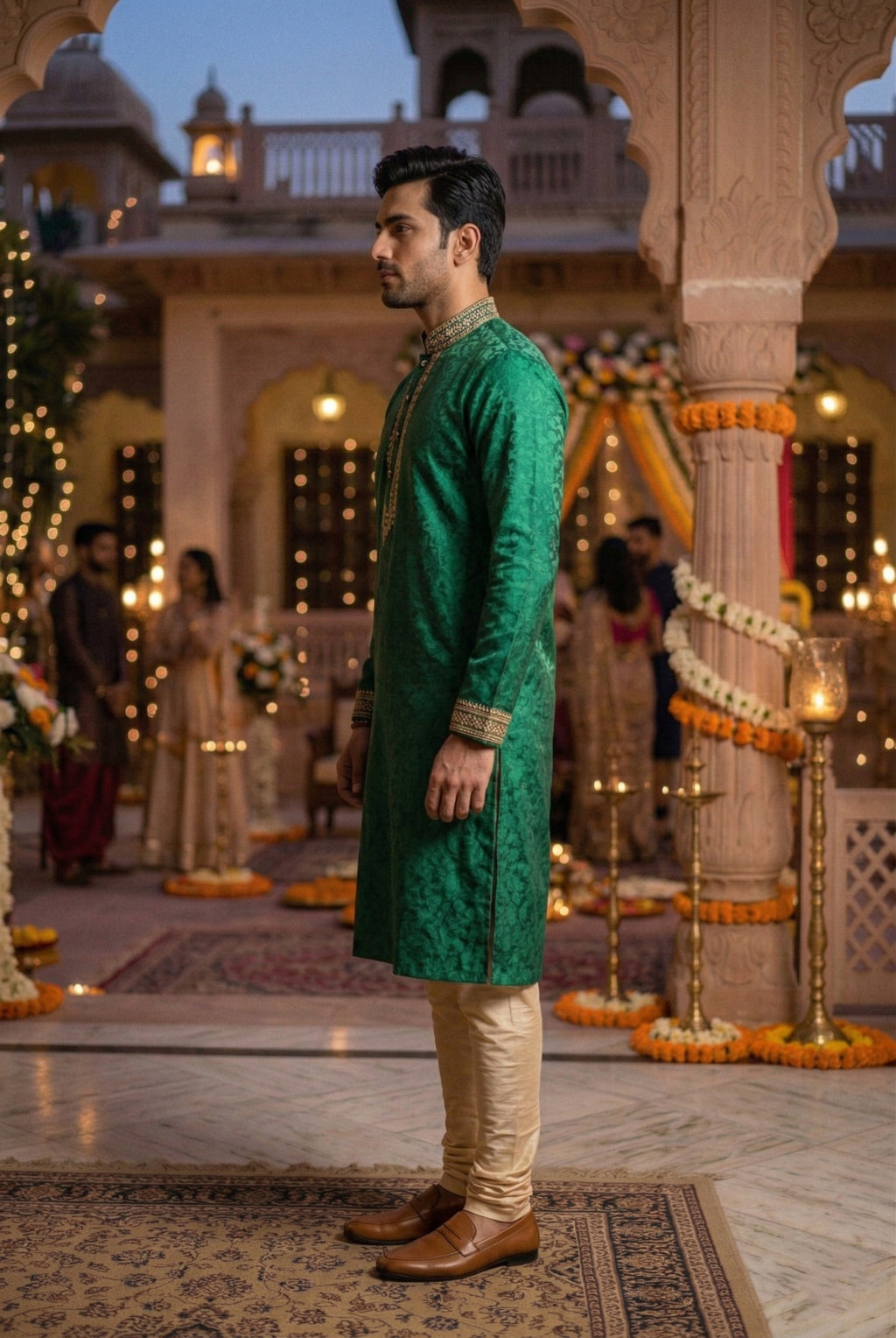 Men's Emerald Green Silk Kurta with Gold  Embroidery