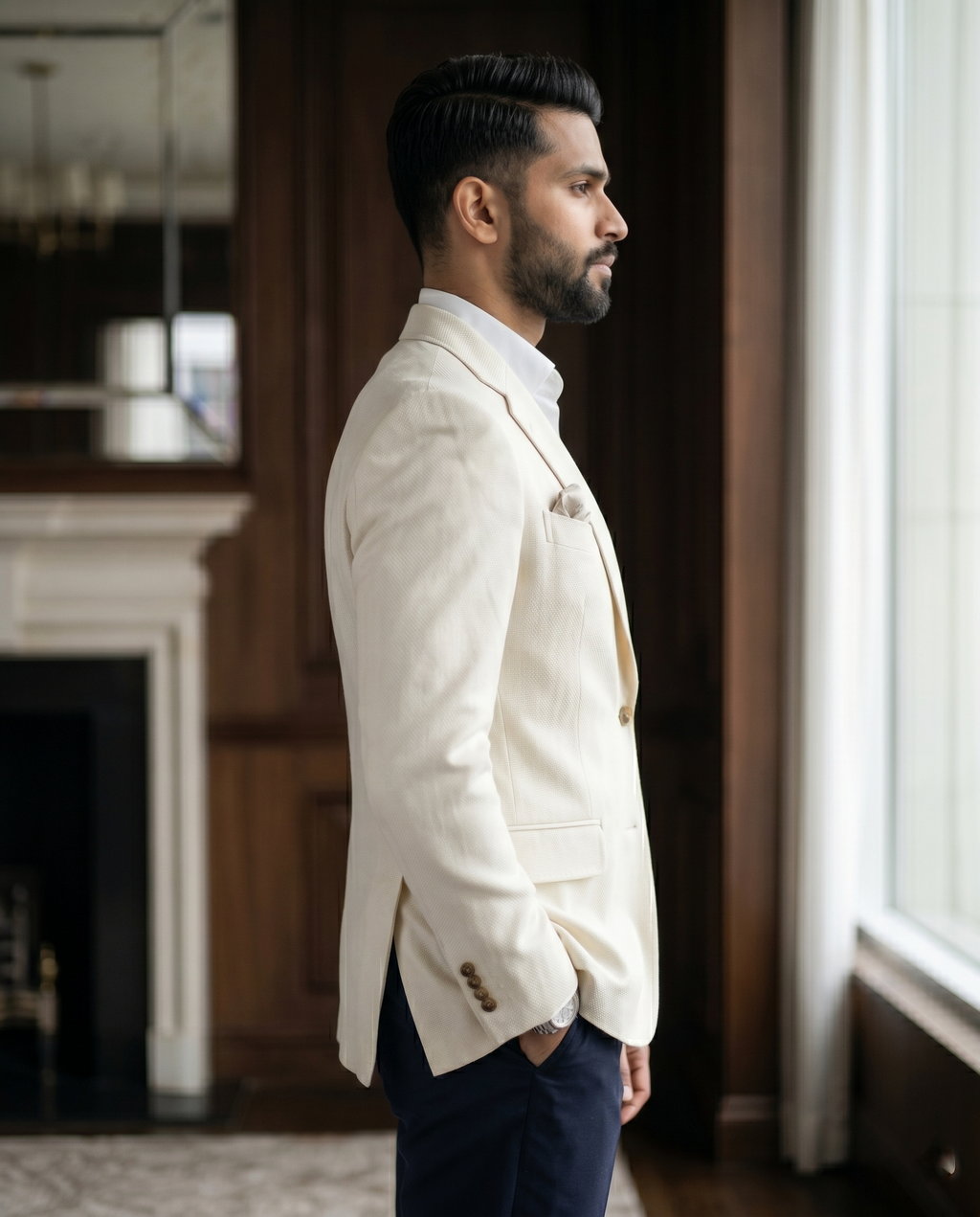 Premium Men's Slim Fit Off White Blazer Textured Single Breasted Suit Jacket