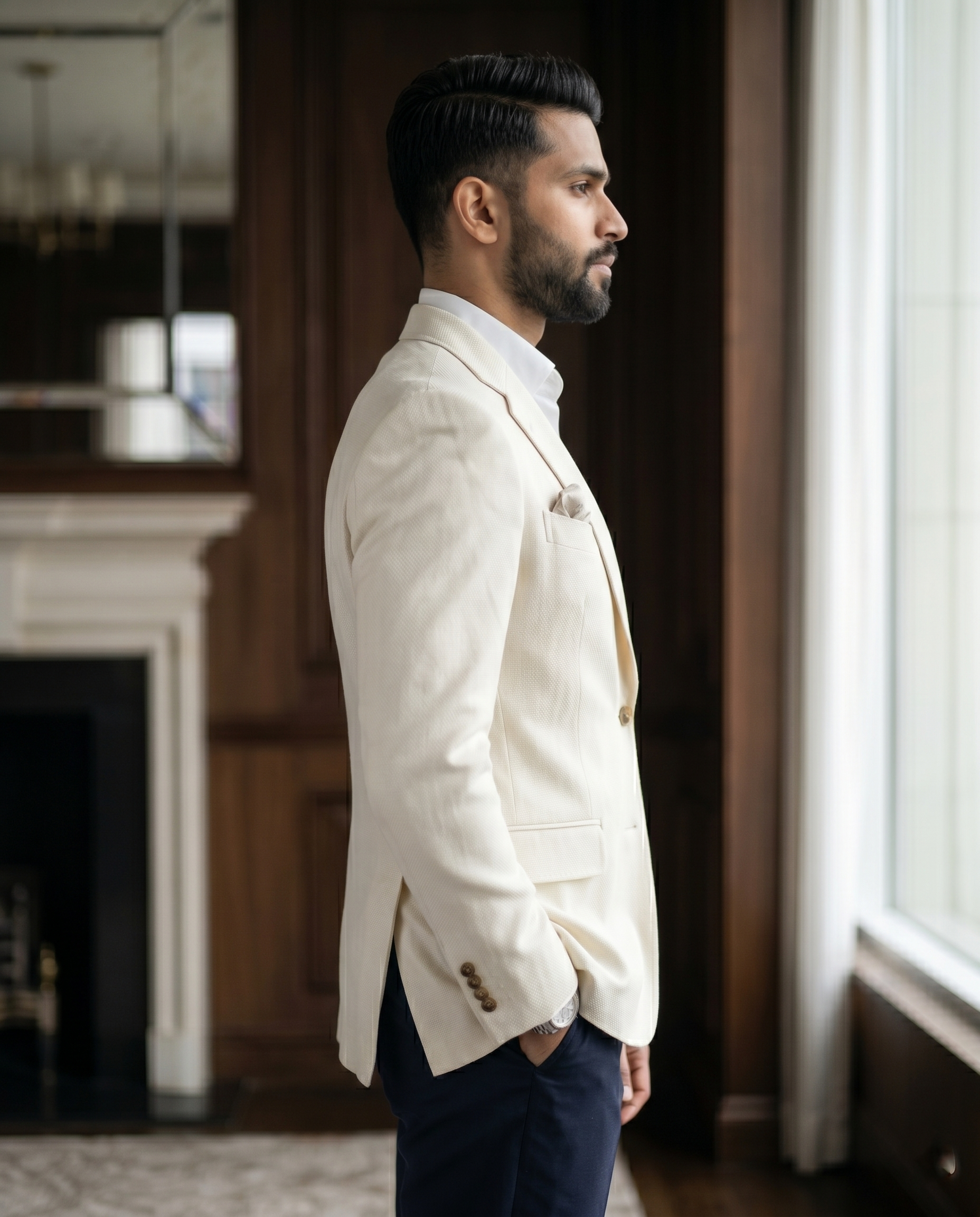 Premium Men's Slim Fit Off White Blazer Textured Single Breasted Suit Jacket