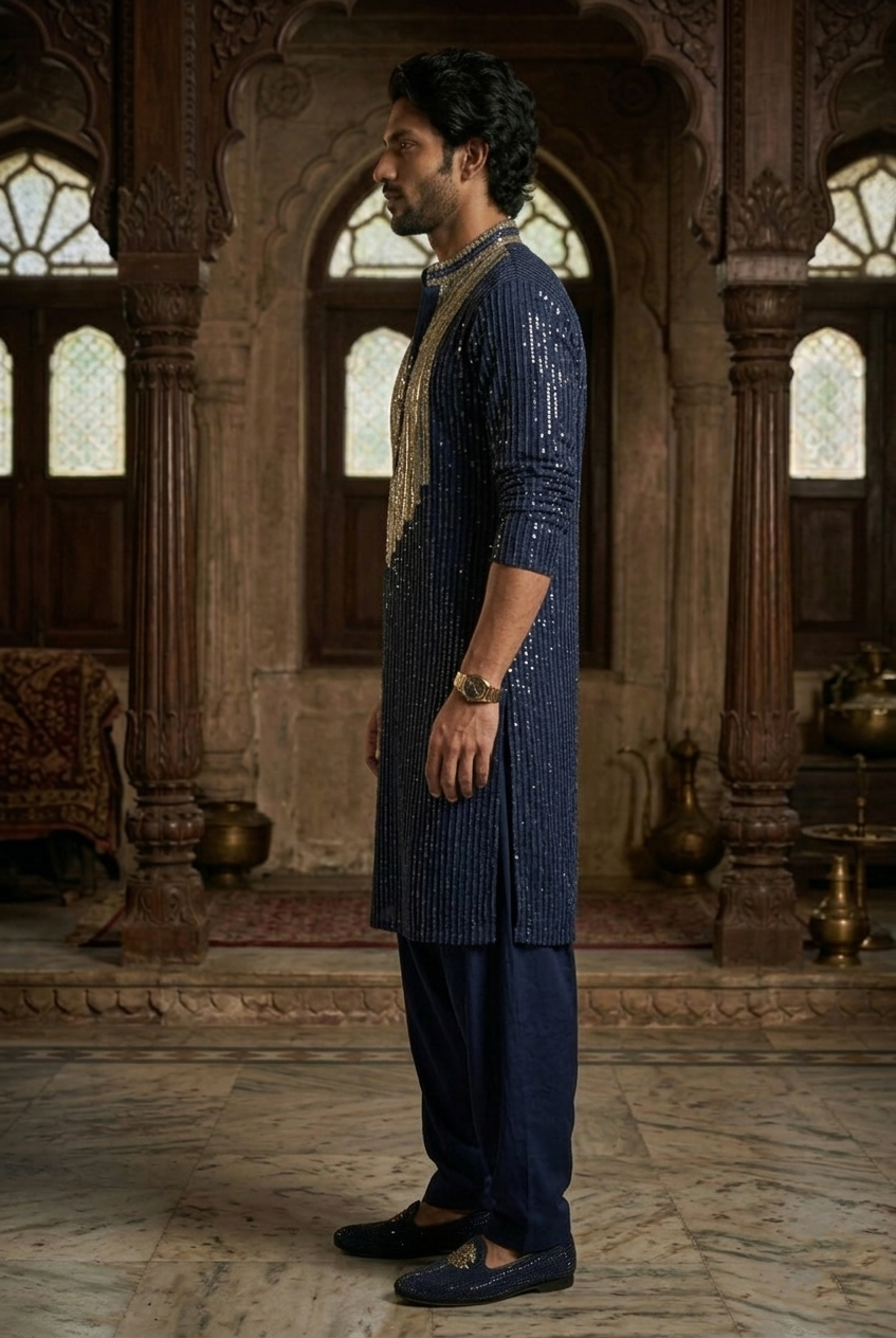 Navy Blue Heavy Sequin Designer Kurta Pajama