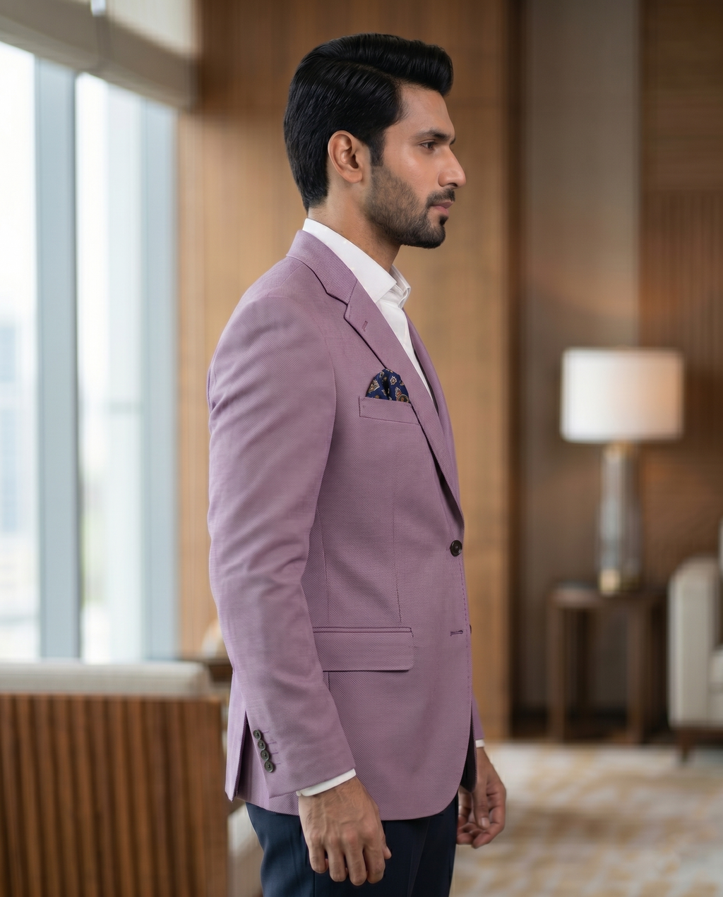 v Premium Men's Slim Fit Mauve Purple Blazer Textured Single Breasted Suit Jacket
