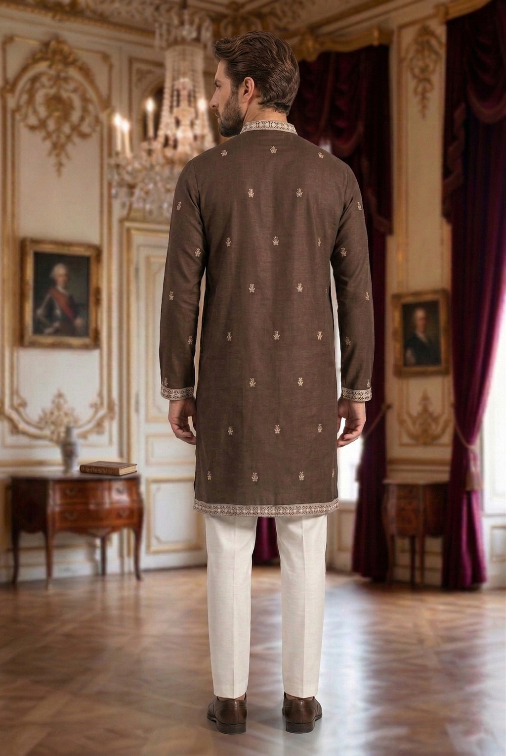 Men's Chocolate Brown Embroidered Kurta with  White Trousers