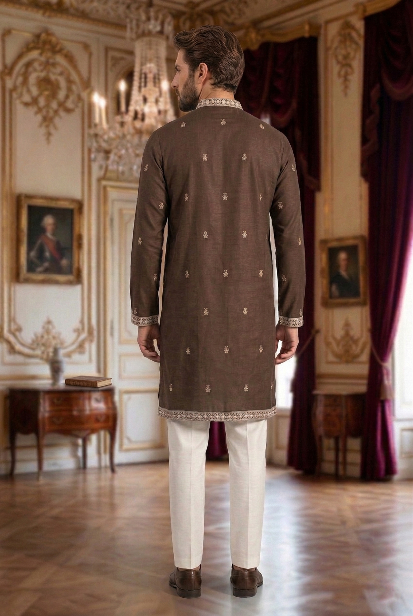 Men's Chocolate Brown Embroidered Kurta with  White Trousers