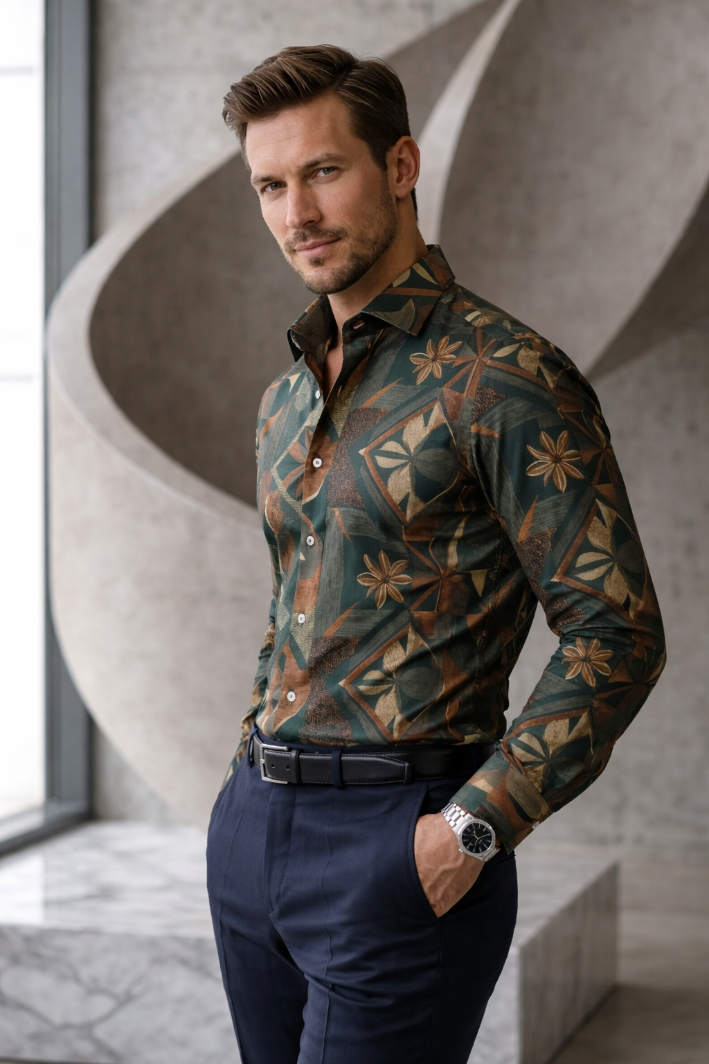 Men’s Designer Slim-Fit Abstract Botanical Mosaic Shirt – Forest & Bronze