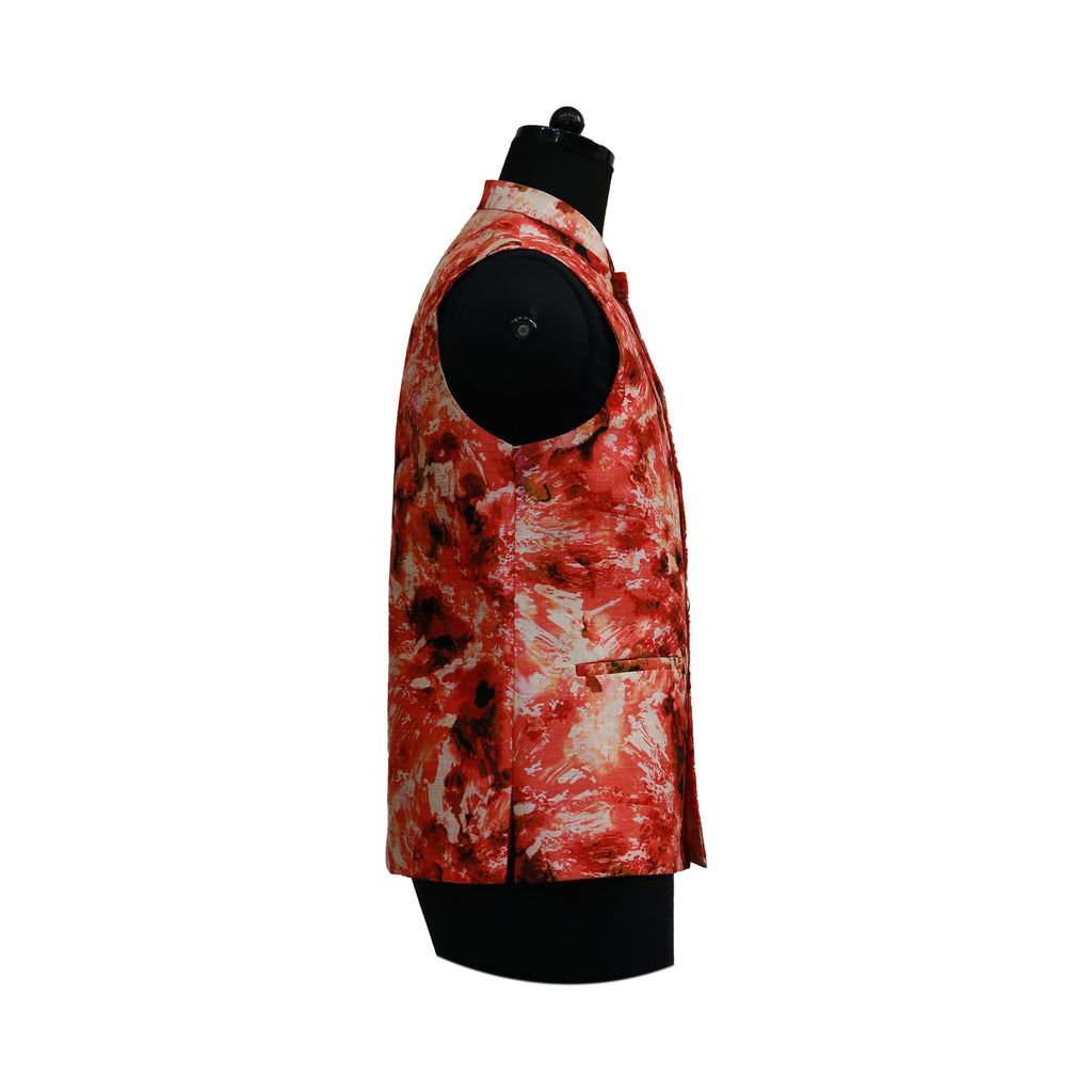 Men’s Red Floral Nehru Jacket with Ivory Kurta Pajama –  Festive Wedding Ethnic Wear