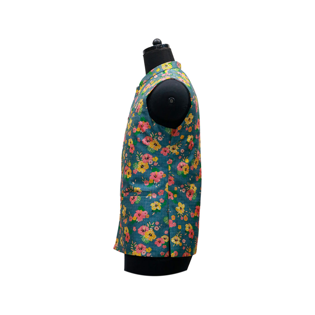Men’s Teal Floral Printed Nehru Jacket with Ivory Kurta  Pajama – Festive & Wedding Wear