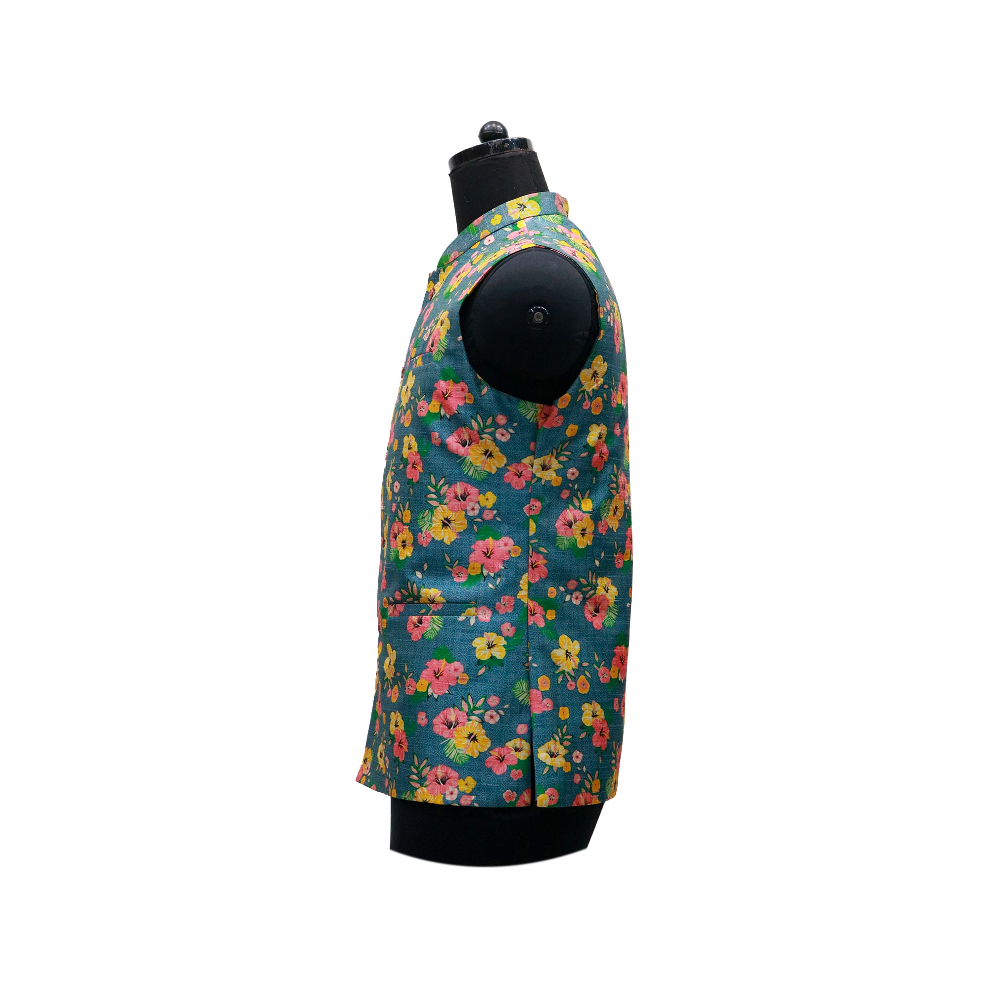 Men’s Teal Floral Printed Nehru Jacket with Ivory Kurta  Pajama – Festive & Wedding Wear