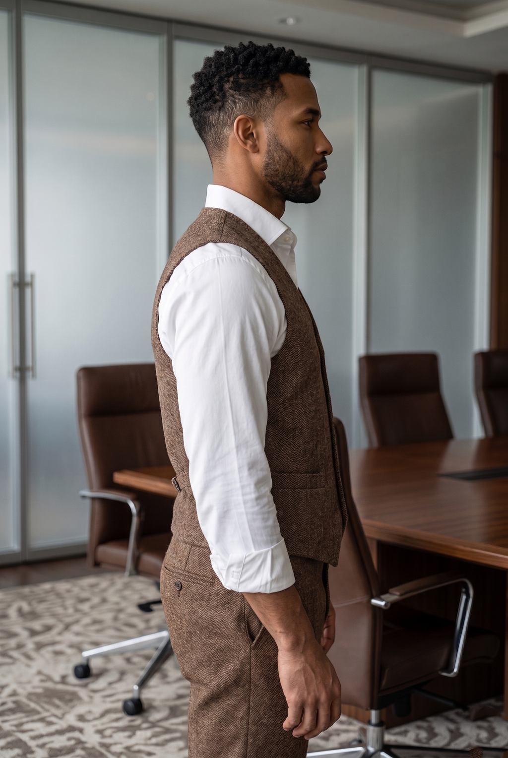 Men's Slim Fit Tweed Waistcoat Vintage Lapel Dress Suit Vest Chocolate Brown