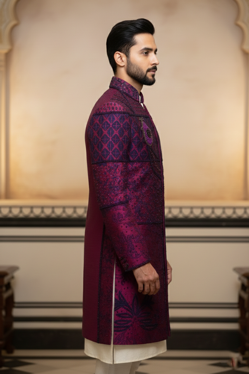 The Royal Amethyst: Hand-Beaded Deep Wine Sherwani
