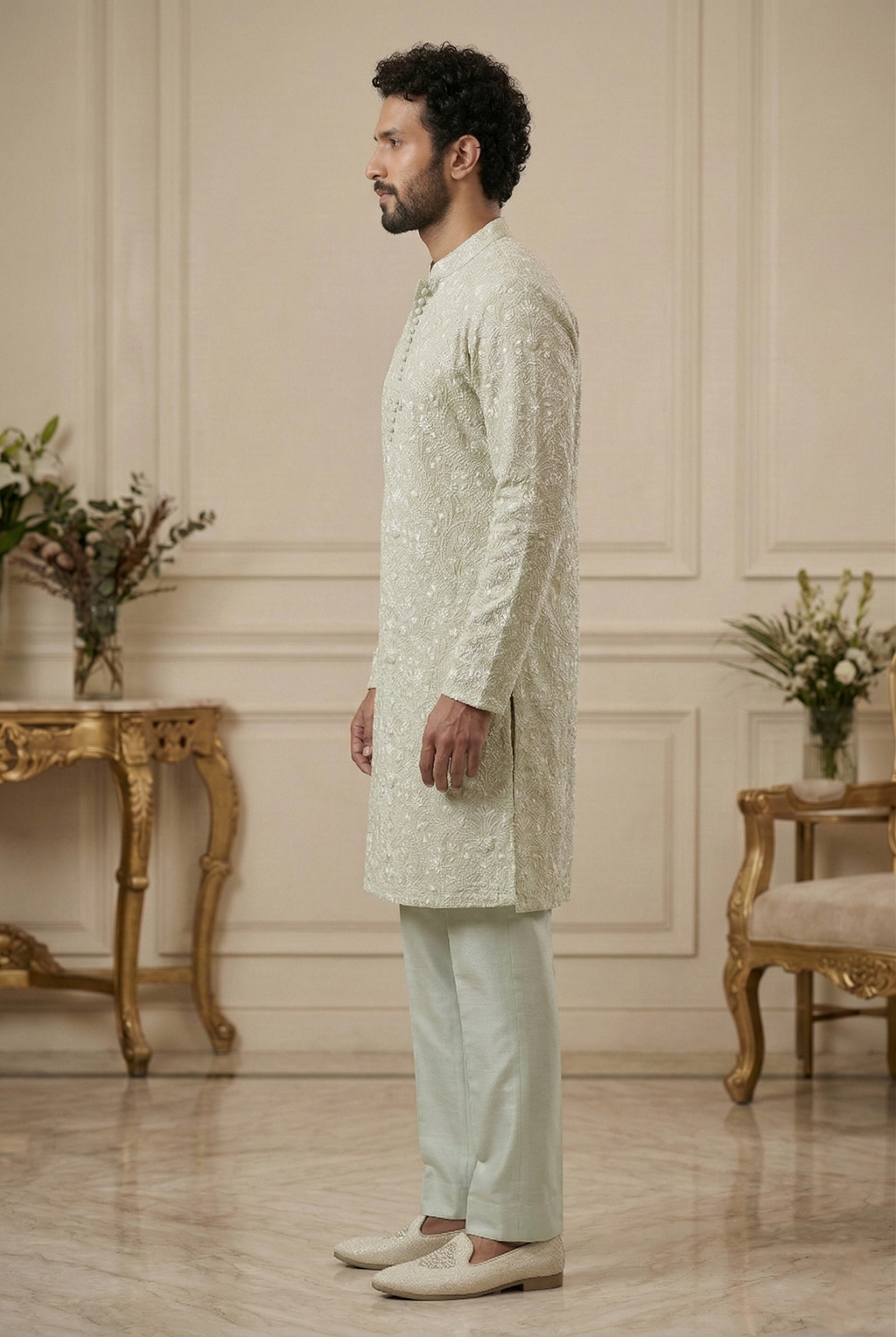 Men’s Mint Green Embroidered Partywear Kurta  Pajama