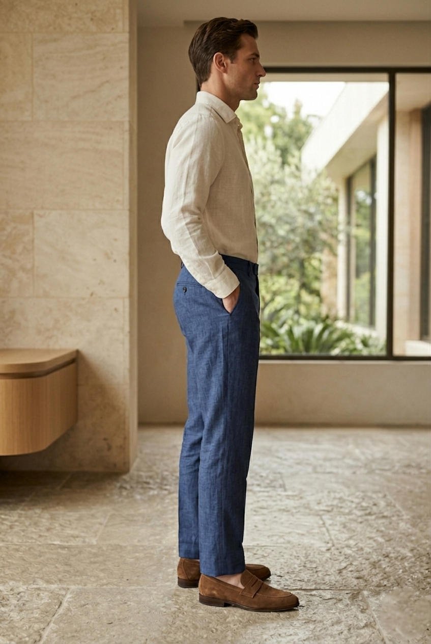 Men's Tailored Slim-Fit Linen Trousers in  Indigo