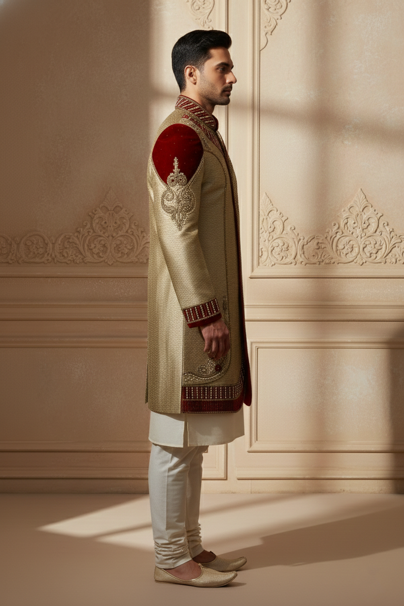 Royal Gold & Crimson Velvet Indo-Western Sherwani