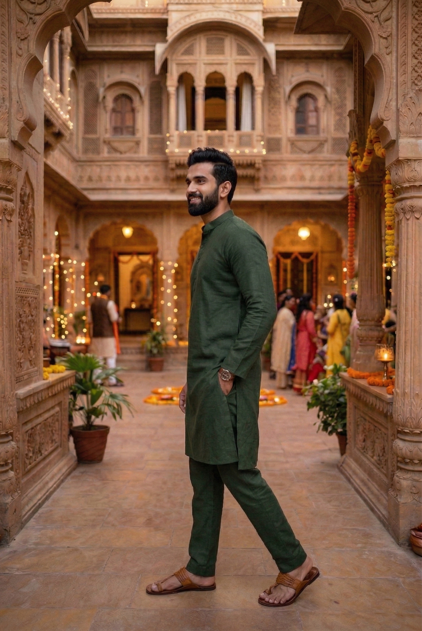 Men's Olive Green Cotton Linen Plain Kurta Pajama  Set