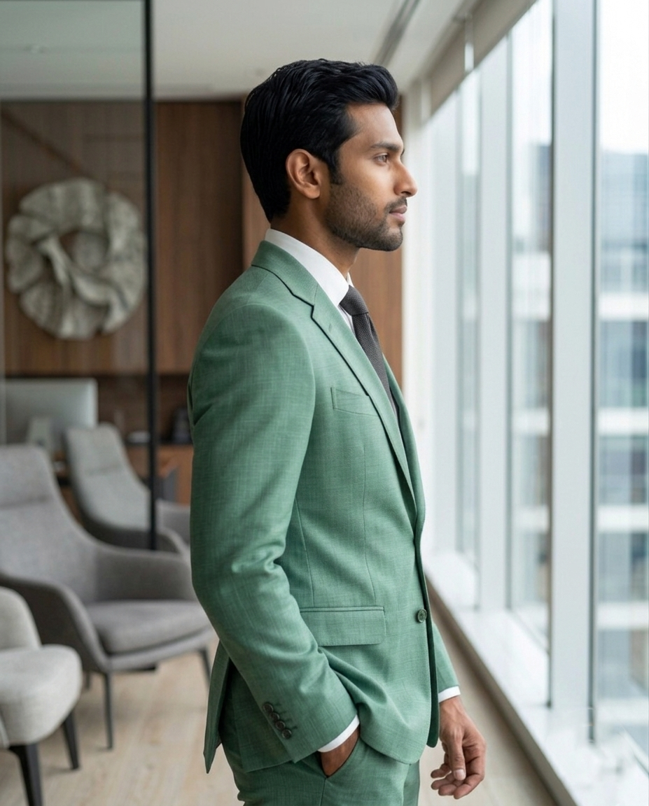 Premium Men's Slim Fit Sage Green Blazer Textured Single Breasted Suit Jacket