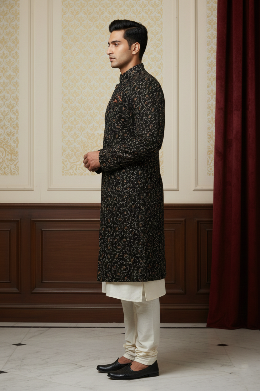 Midnight Forest Hand-Embroidered Designer Sherwani
