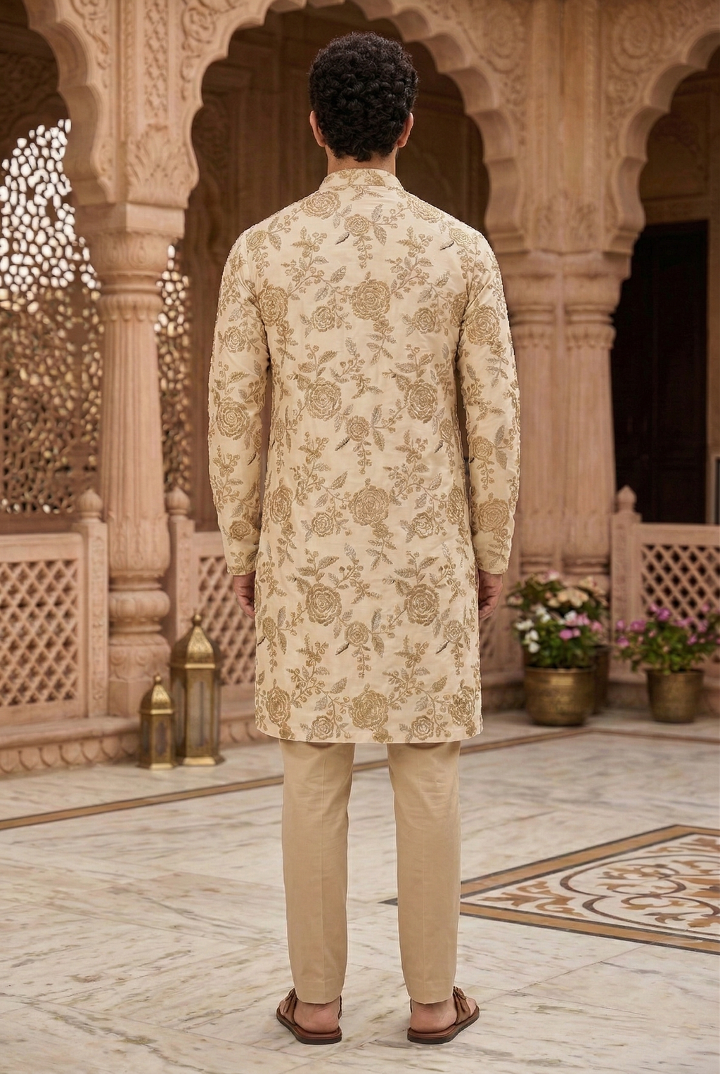 Men's Cream Floral Embroidered Partywear  Kurta Pajama