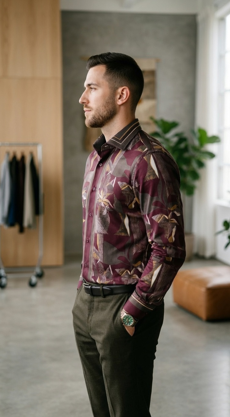 Men’s Designer Slim-Fit Abstract Mosaic Print Shirt – Burgundy & Olive Ochre