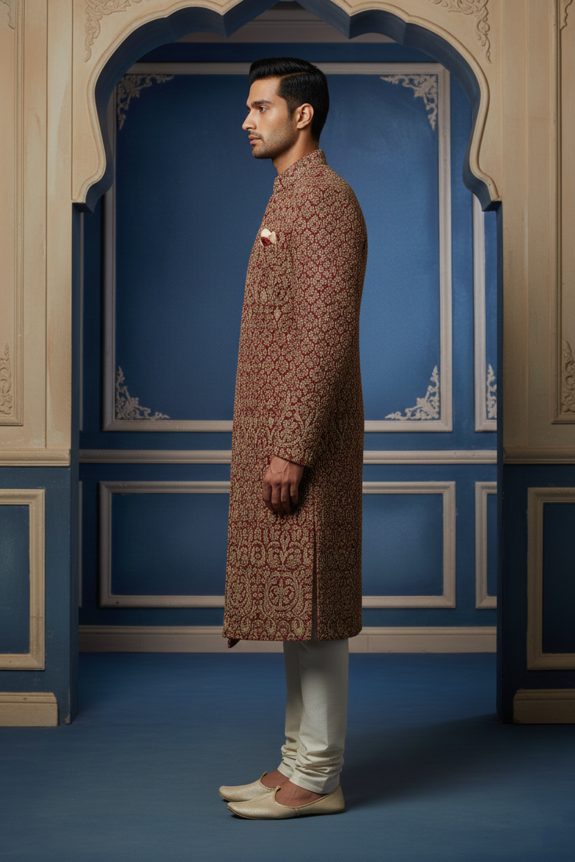 Royal Maroon & Gold Embroidered Wedding Sherwani