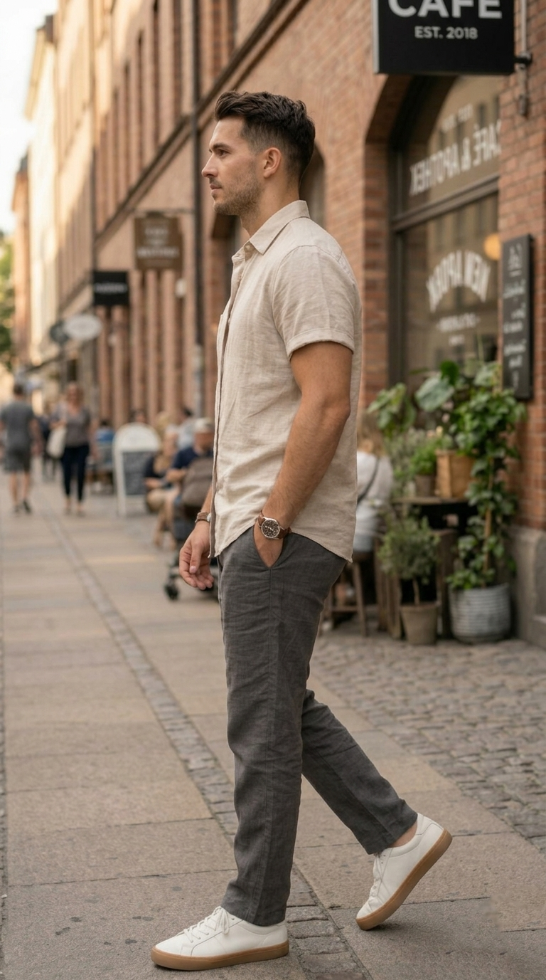 Men’s Light Beige Casual Short Sleeve Shirt – Premium Cotton Summer Shirt for Men | Stylish Relaxed Fit Button down Shirt