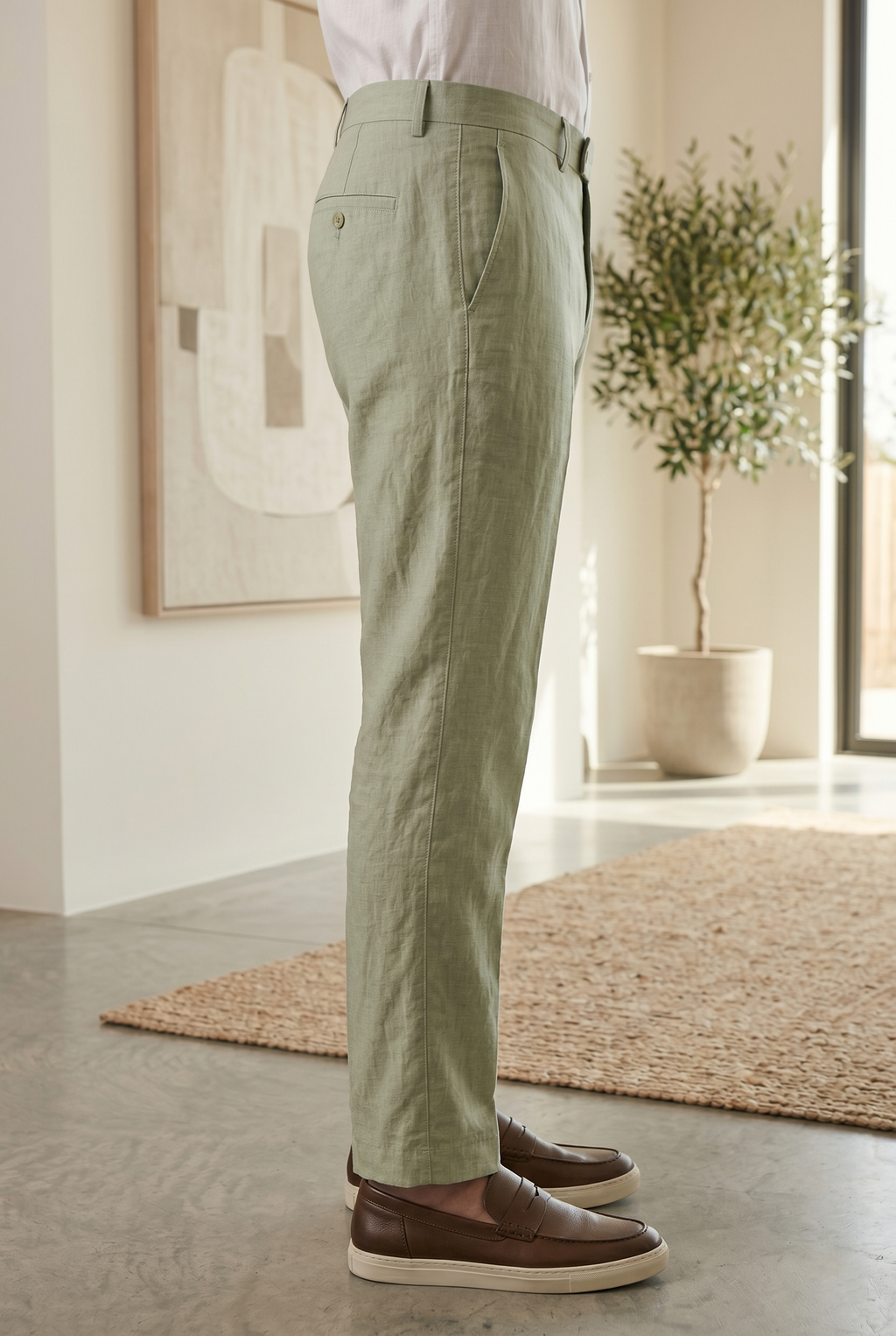 Men's Tailored Slim-Fit Linen Trousers in  Sage