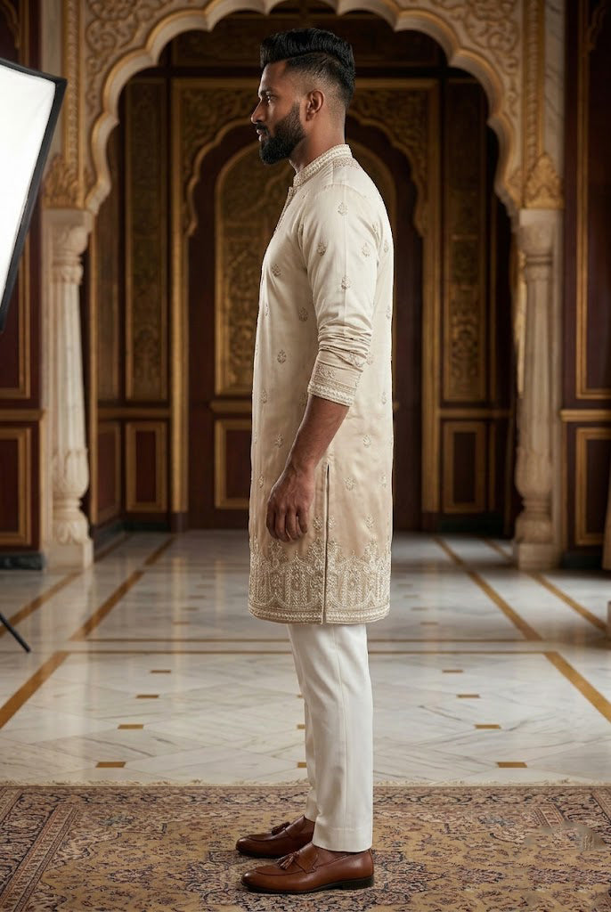 Men's Cream Ombré Embroidered Designer Kurta  Pajama