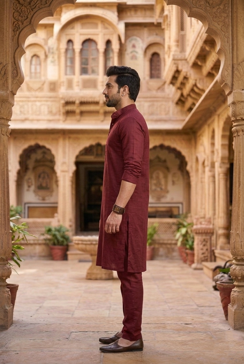 Men’s Wine Red Cotton Silk Plain Kurta Pajama Set