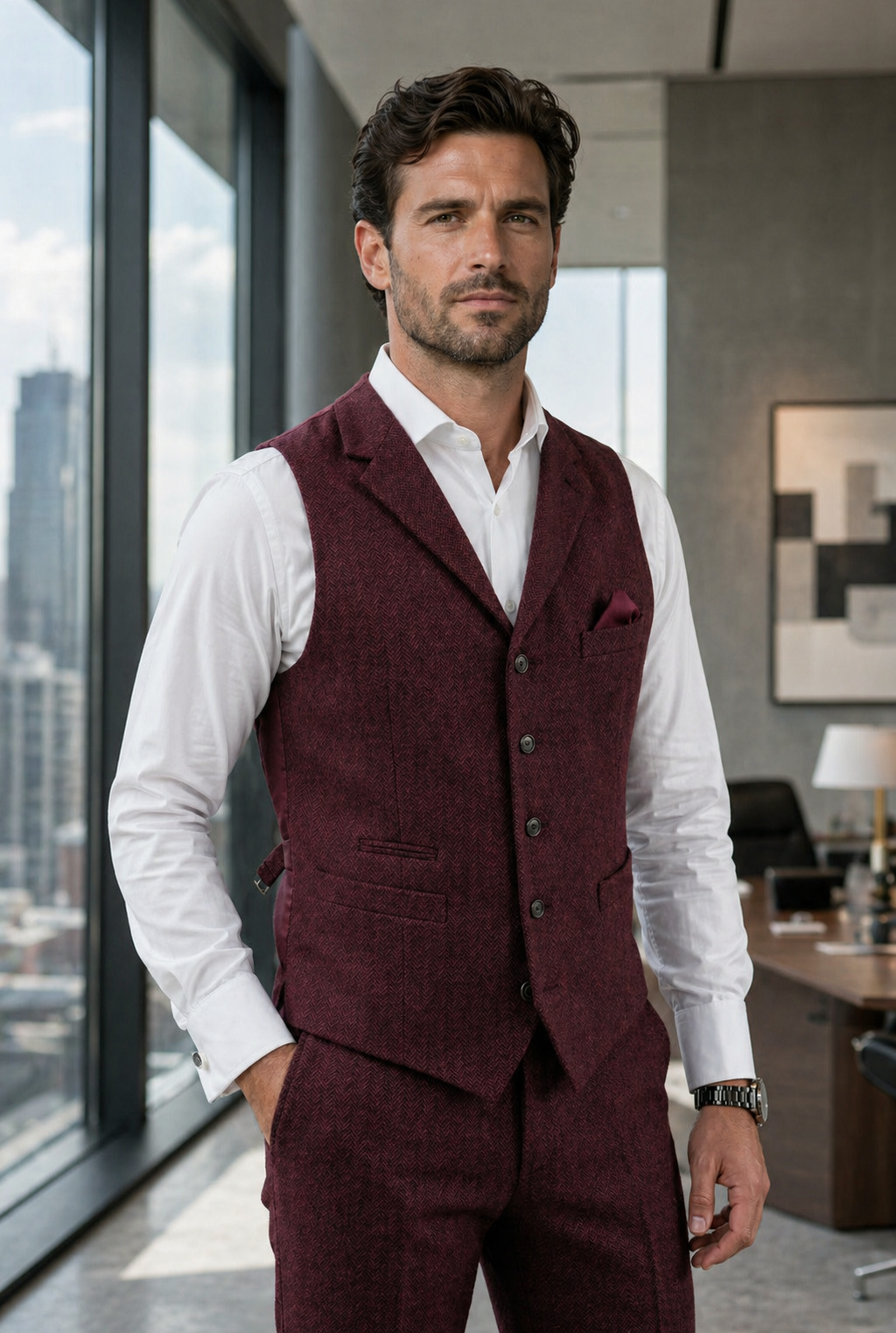 Men's Slim Fit Tweed Waistcoat Vintage Lapel Dress Suit Vest Burgundy Red