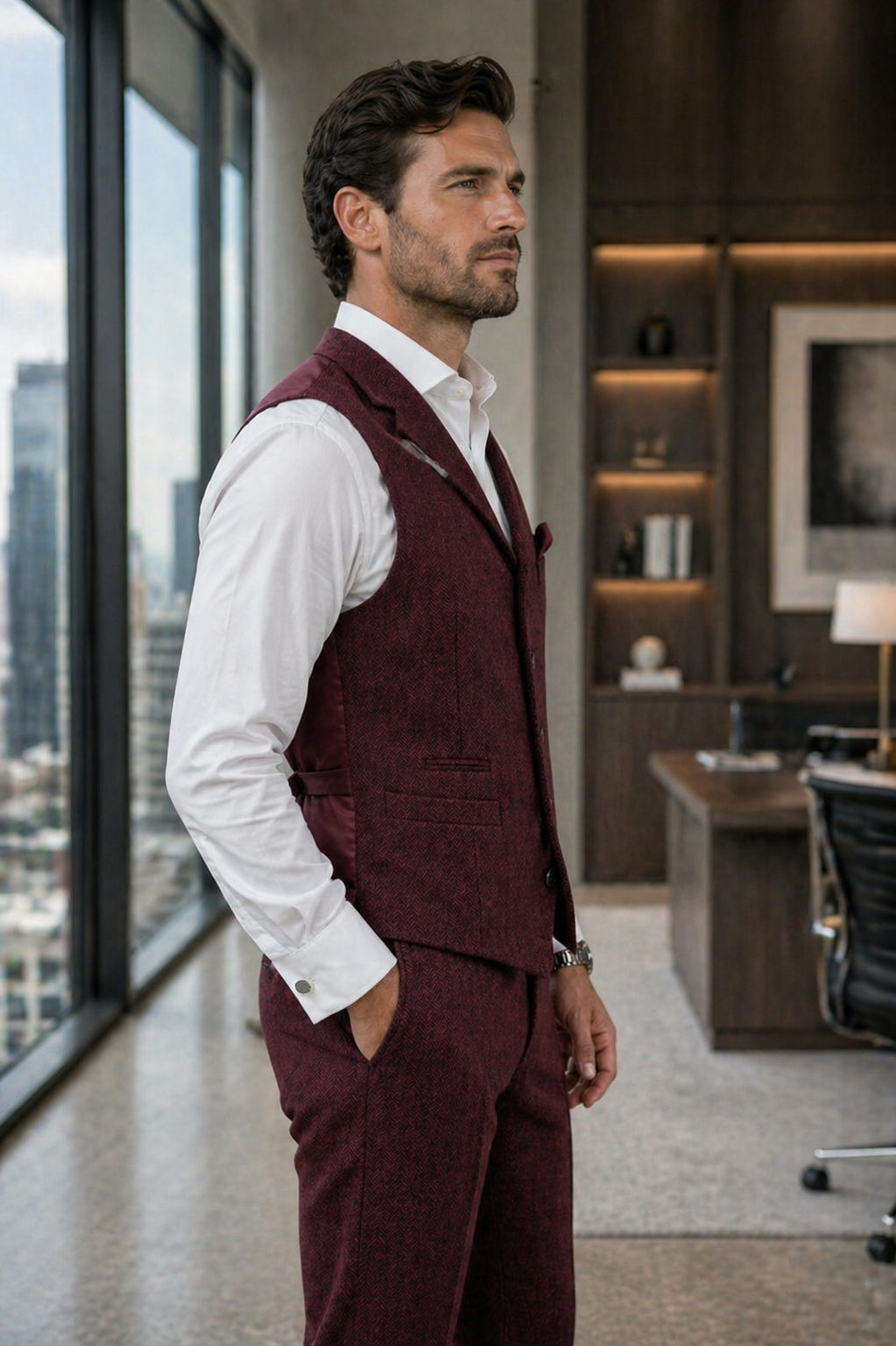 Men's Slim Fit Tweed Waistcoat Vintage Lapel Dress Suit Vest Burgundy Red