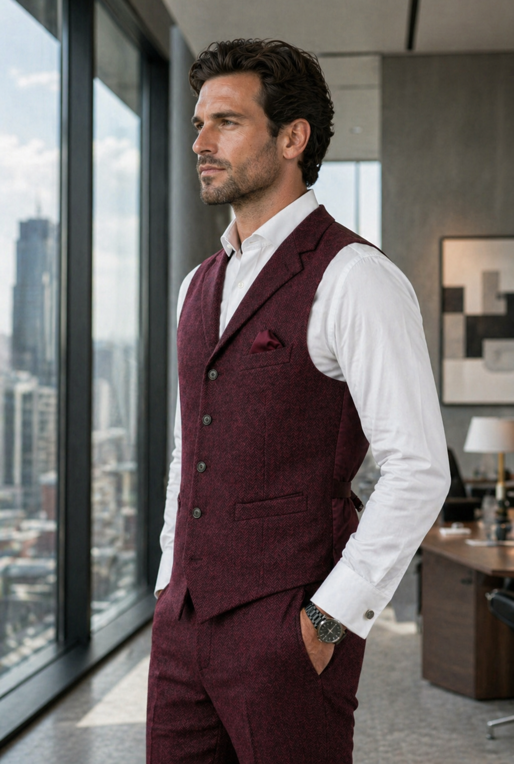 Men's Slim Fit Tweed Waistcoat Vintage Lapel Dress Suit Vest Burgundy Red