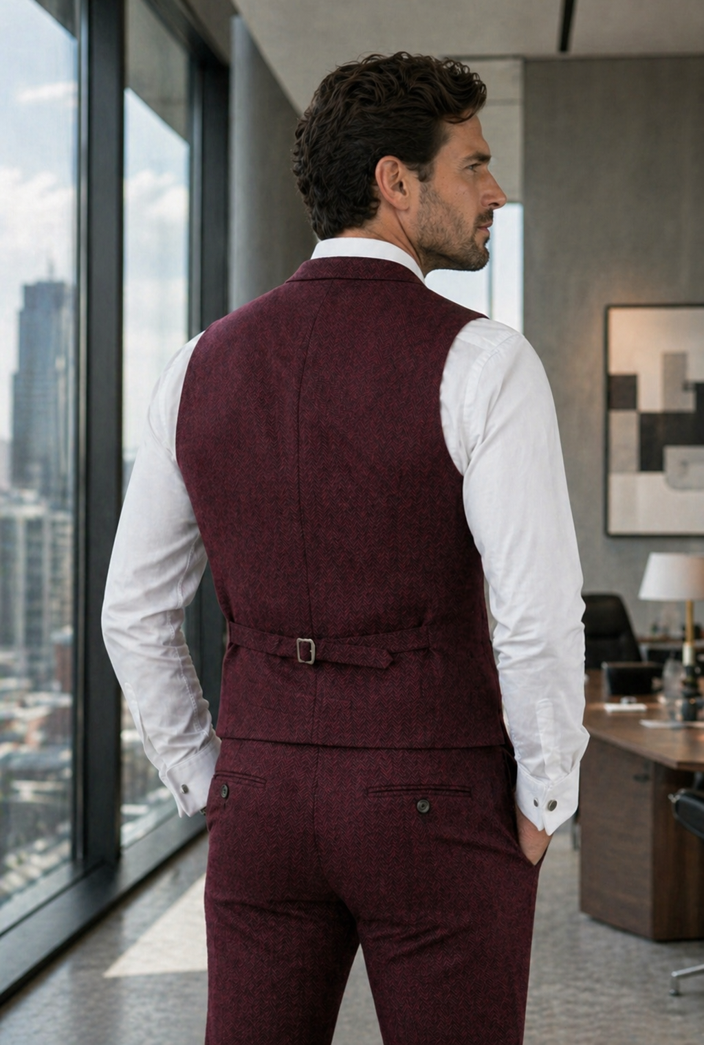 Men's Slim Fit Tweed Waistcoat Vintage Lapel Dress Suit Vest Burgundy Red
