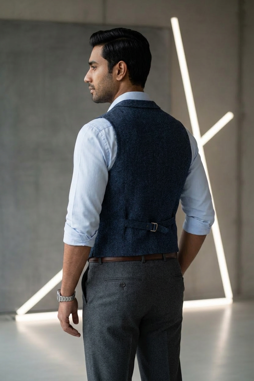 Men's Slim Fit Tweed Waistcoat Vintage Lapel Dress Suit Vest Navy Blue