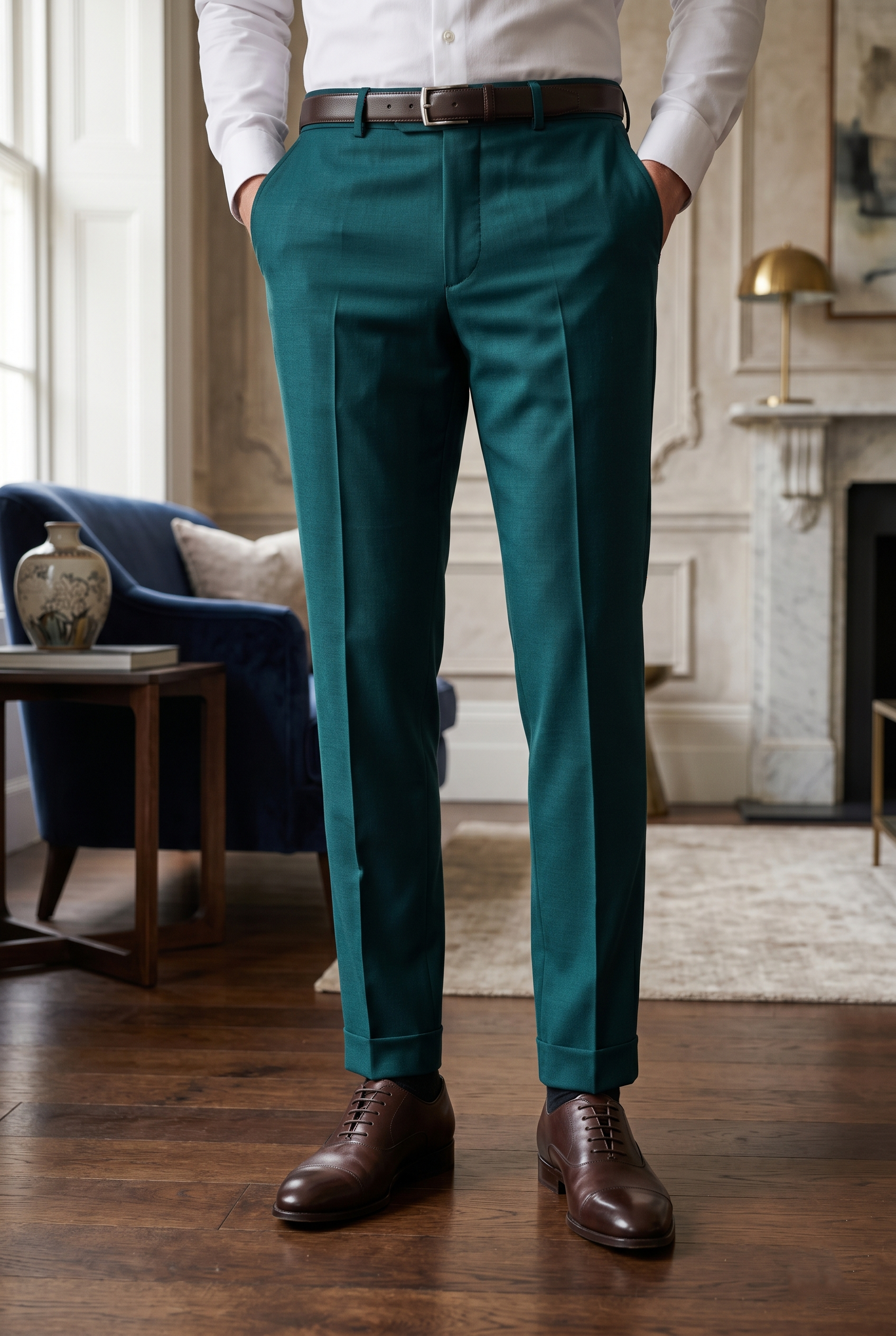 Men's Premium Teal Green Tailored Fit Formal Trousers
