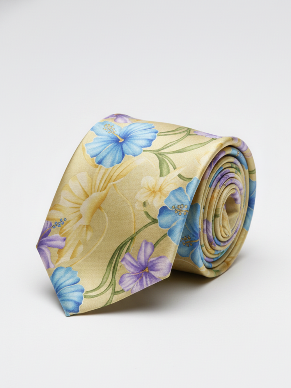 Premium Men's Tropical Floral Necktie – Pale Champagne Yellow Tie with Blue and Purple Hibiscus Pattern