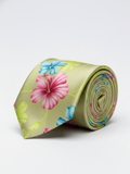Premium Men's Tropical Floral Necktie – Light Sage Green Tie with Pink and Blue Hibiscus Flower Pattern
