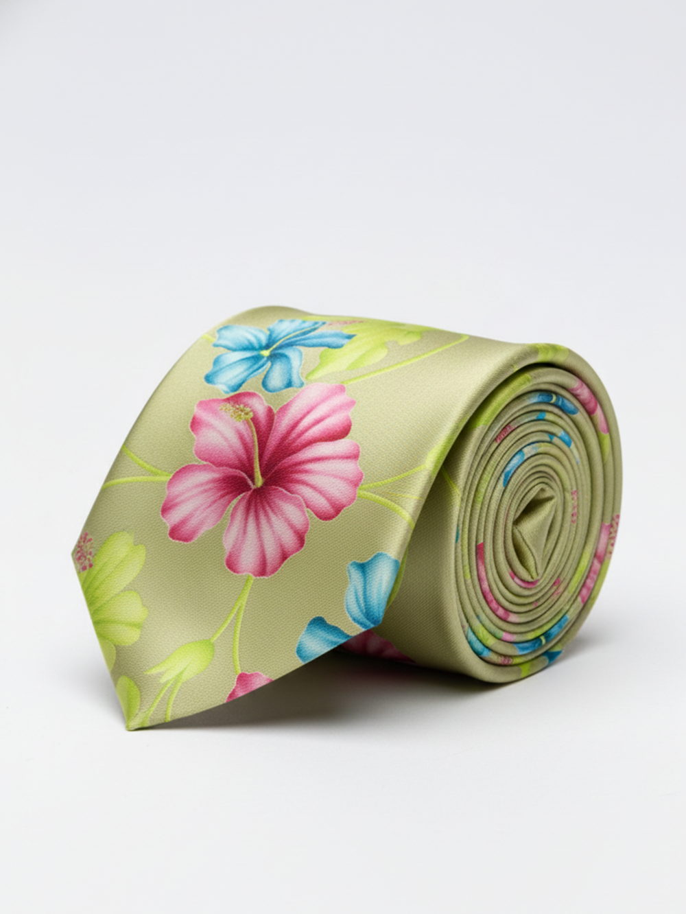 Premium Men's Tropical Floral Necktie – Light Sage Green Tie with Pink and Blue Hibiscus Flower Pattern