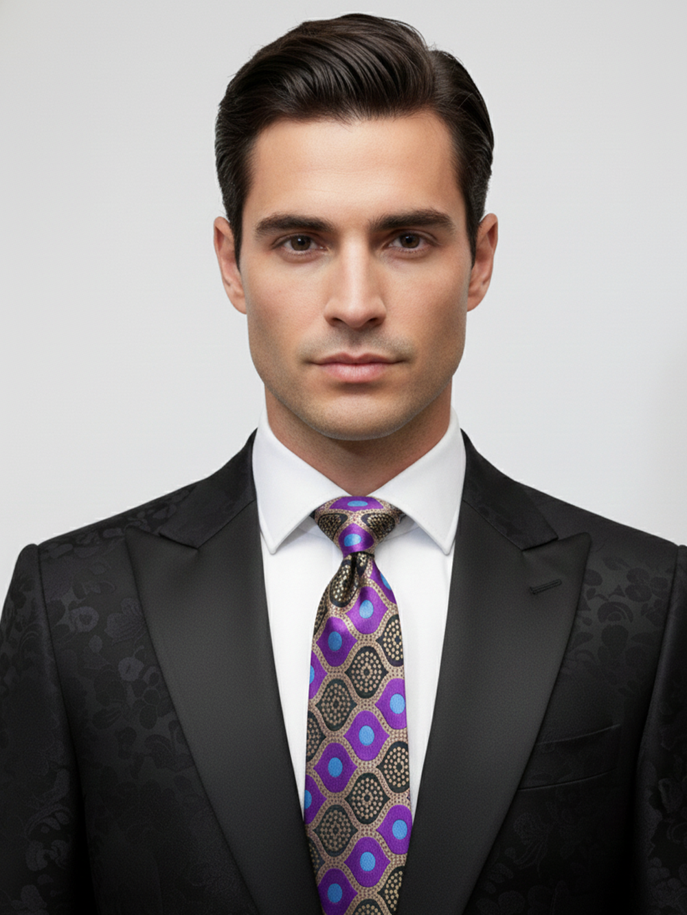 Premium Men's Silk-Blend Necktie – Vibrant Purple Tie with Retro Blue Dots, Gold Accents, and Geometric Mosaic Pattern