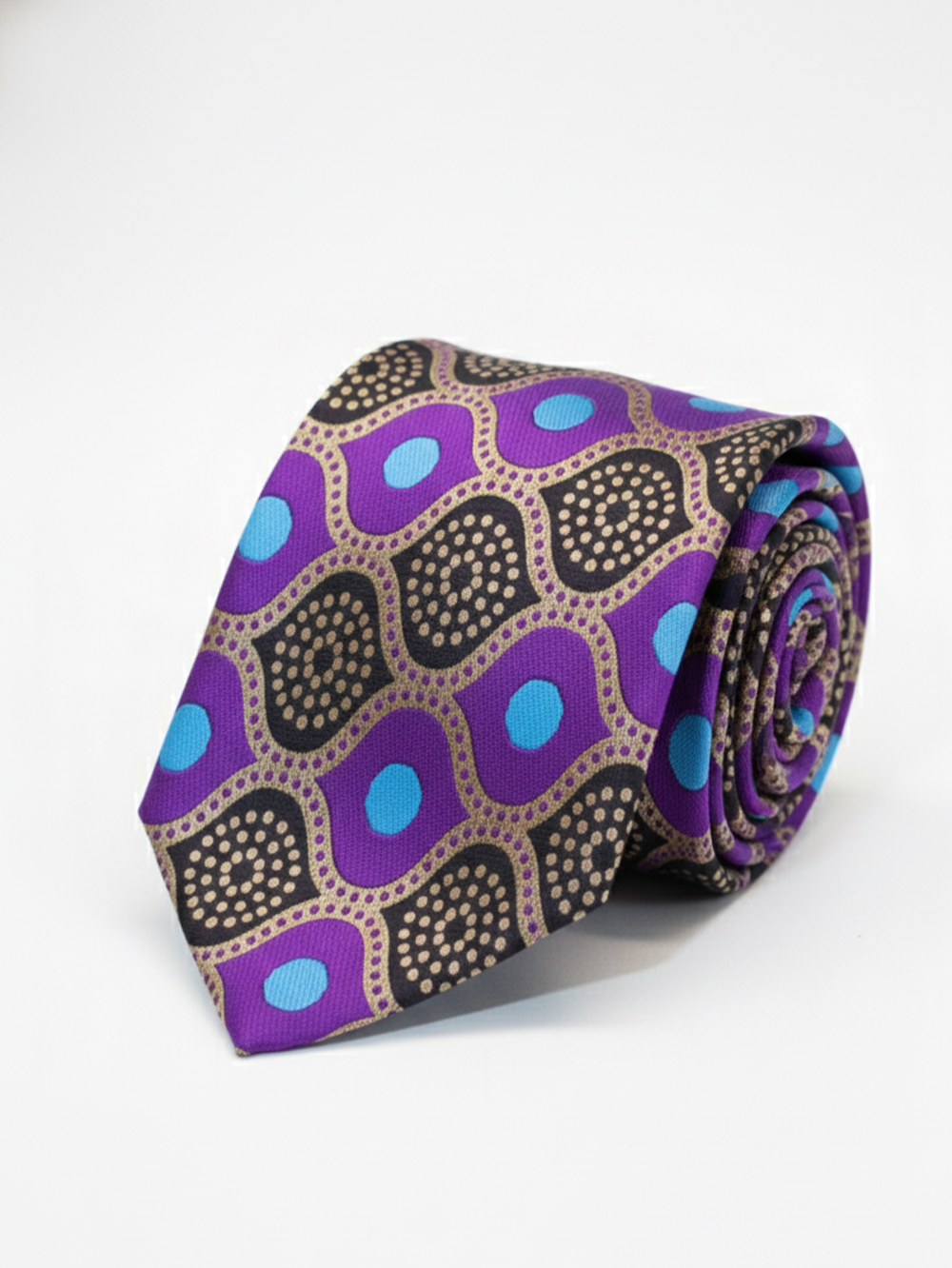 Premium Men's Silk-Blend Necktie – Vibrant Purple Tie with Retro Blue Dots, Gold Accents, and Geometric Mosaic Pattern