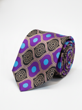 Premium Men's Silk-Blend Necktie – Vibrant Purple Tie with Retro Blue Dots, Gold Accents, and Geometric Mosaic Pattern