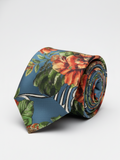 Premium Men's Floral Necktie – Blue Silk-Blend Tie with Orange, Green, and Red Vintage Botanical Flower Pattern